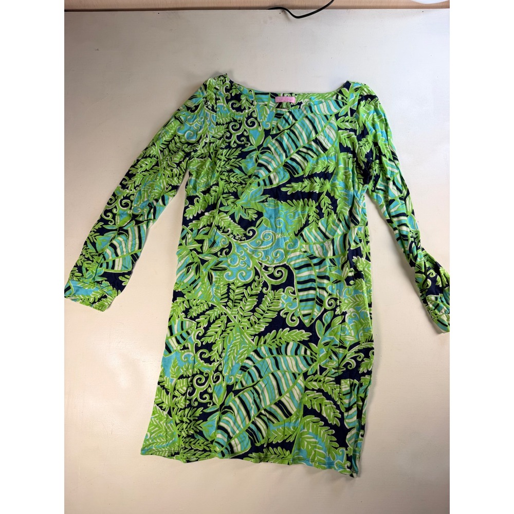 Lilly Pulitzer Dress Women Large Green Excellent Tropical Leaf Long Sleeve Tunic